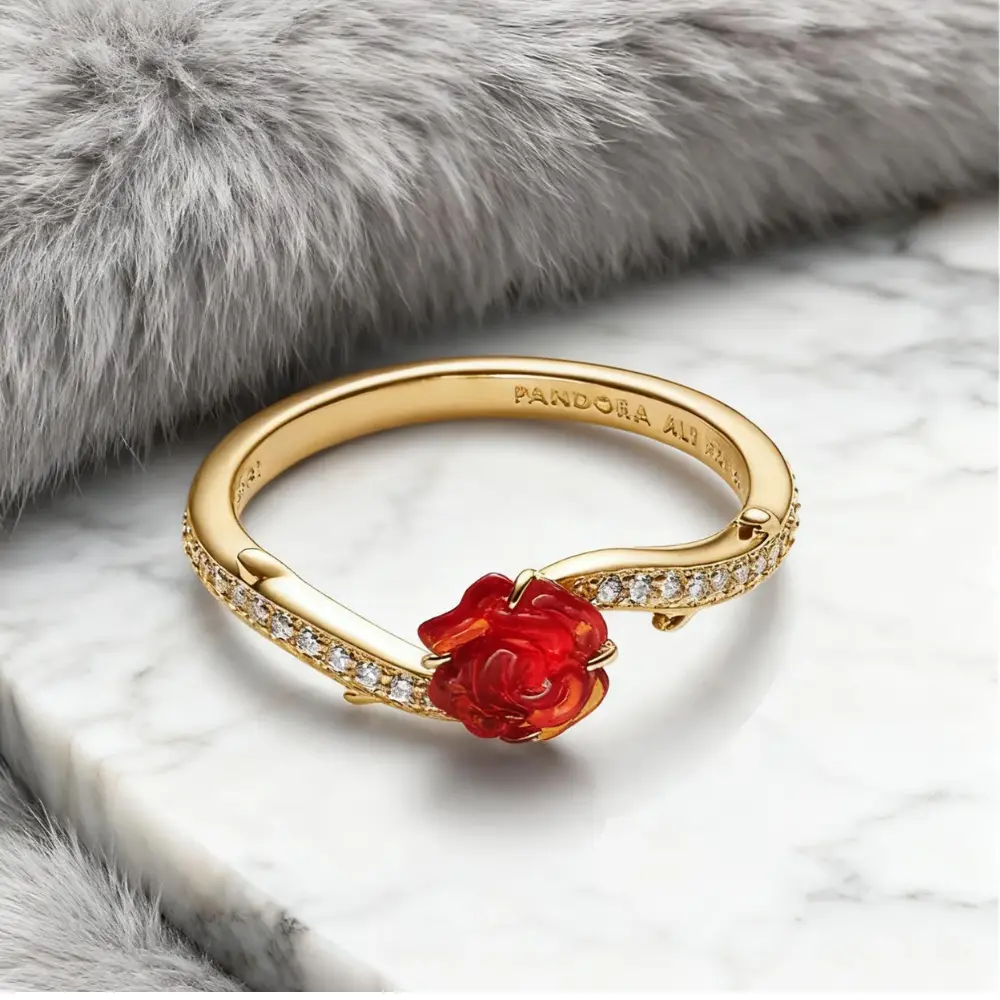 ANILLO PANDORA PRINCESA DISNEY BELLA Y LA BESTIA ROSA ENCANTADA ORO 14K - Image 6