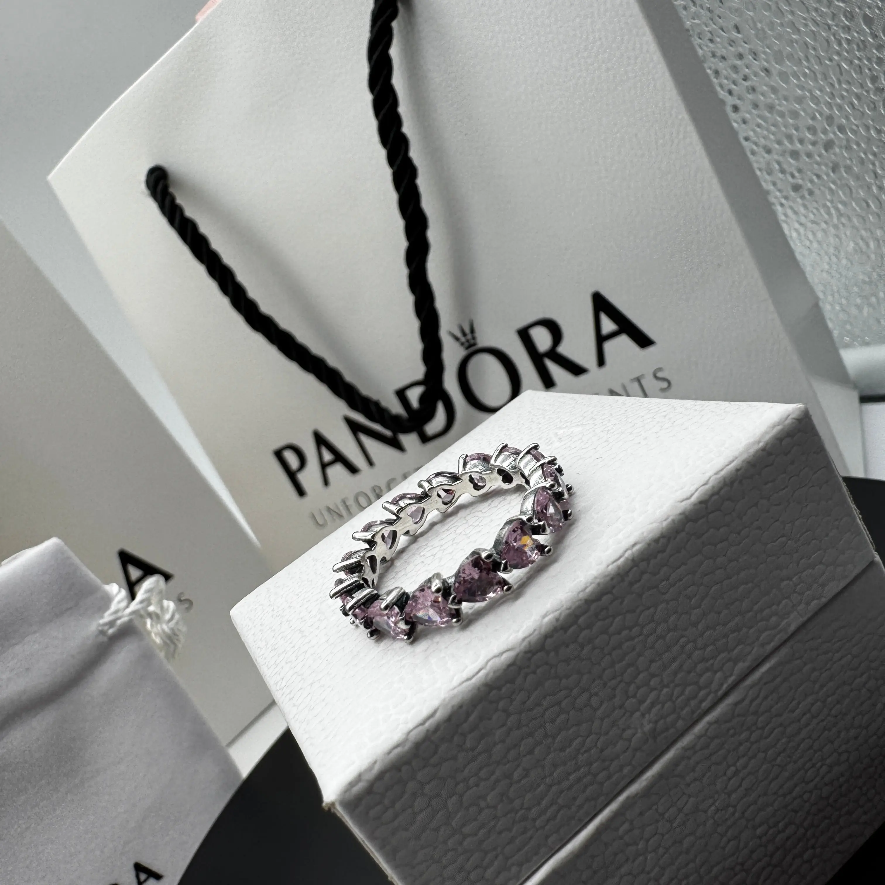 ANILLO PANDORA PROMESA ALIANZA CORAZONES ROSAS PLATA .925 - Image 2