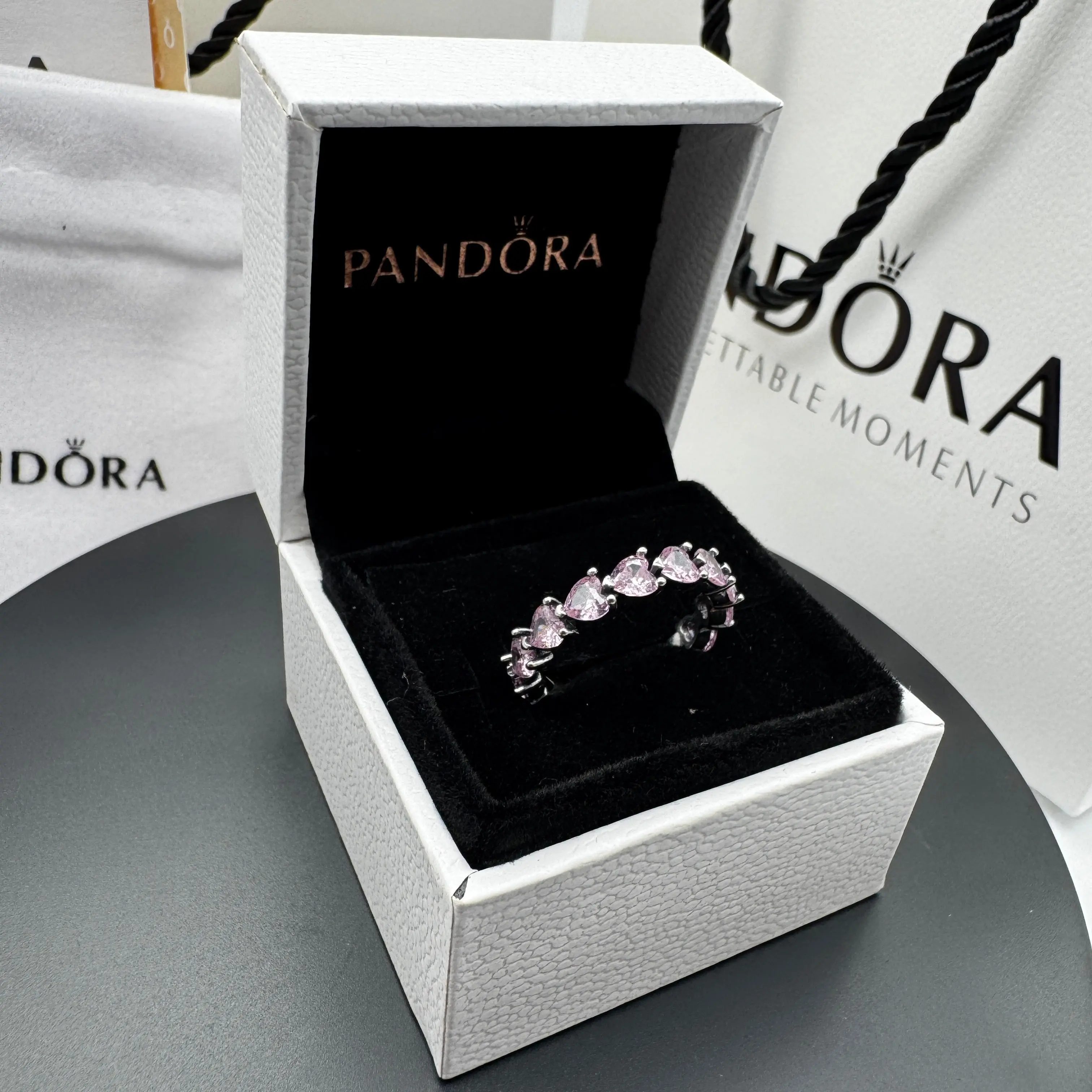 ANILLO PANDORA PROMESA ALIANZA CORAZONES ROSAS PLATA .925 - Image 3