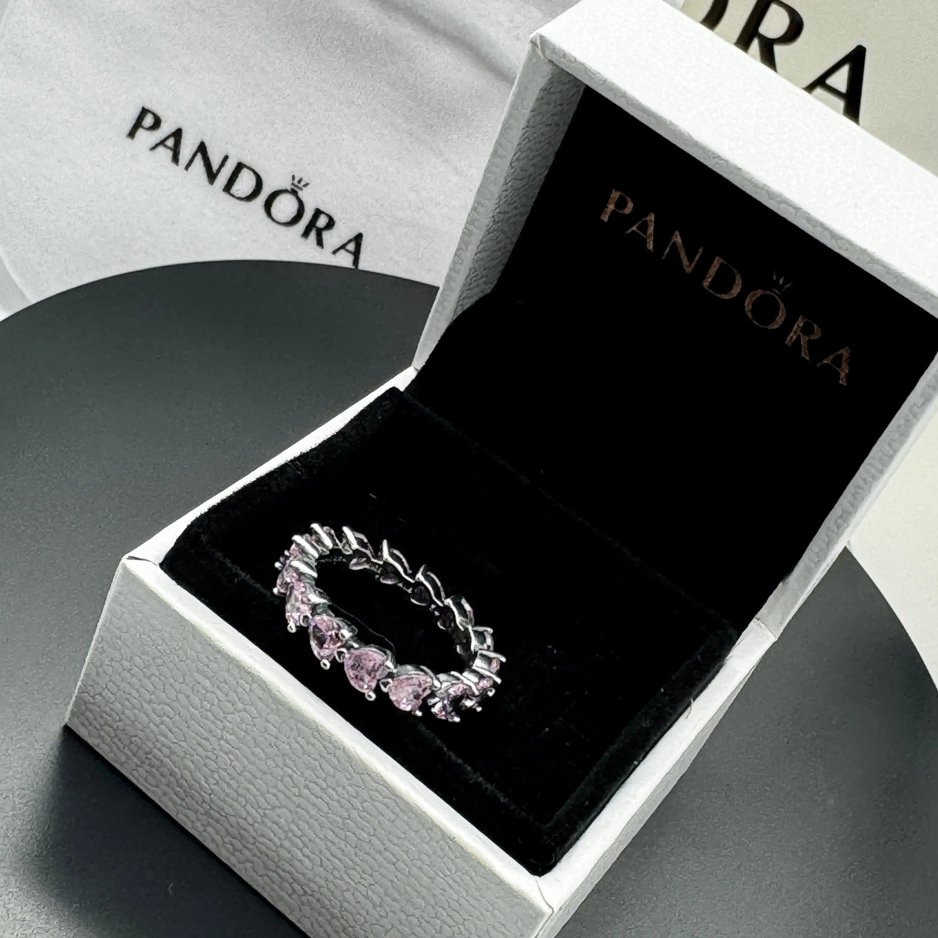 ANILLO PANDORA PROMESA ALIANZA CORAZONES ROSAS PLATA .925 - Image 4