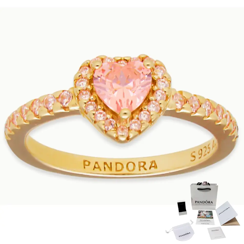 ANILLO PANDORA PROMESA CORAZON ELEVADO ROSA DORADO ORO + KIT DE REGALO