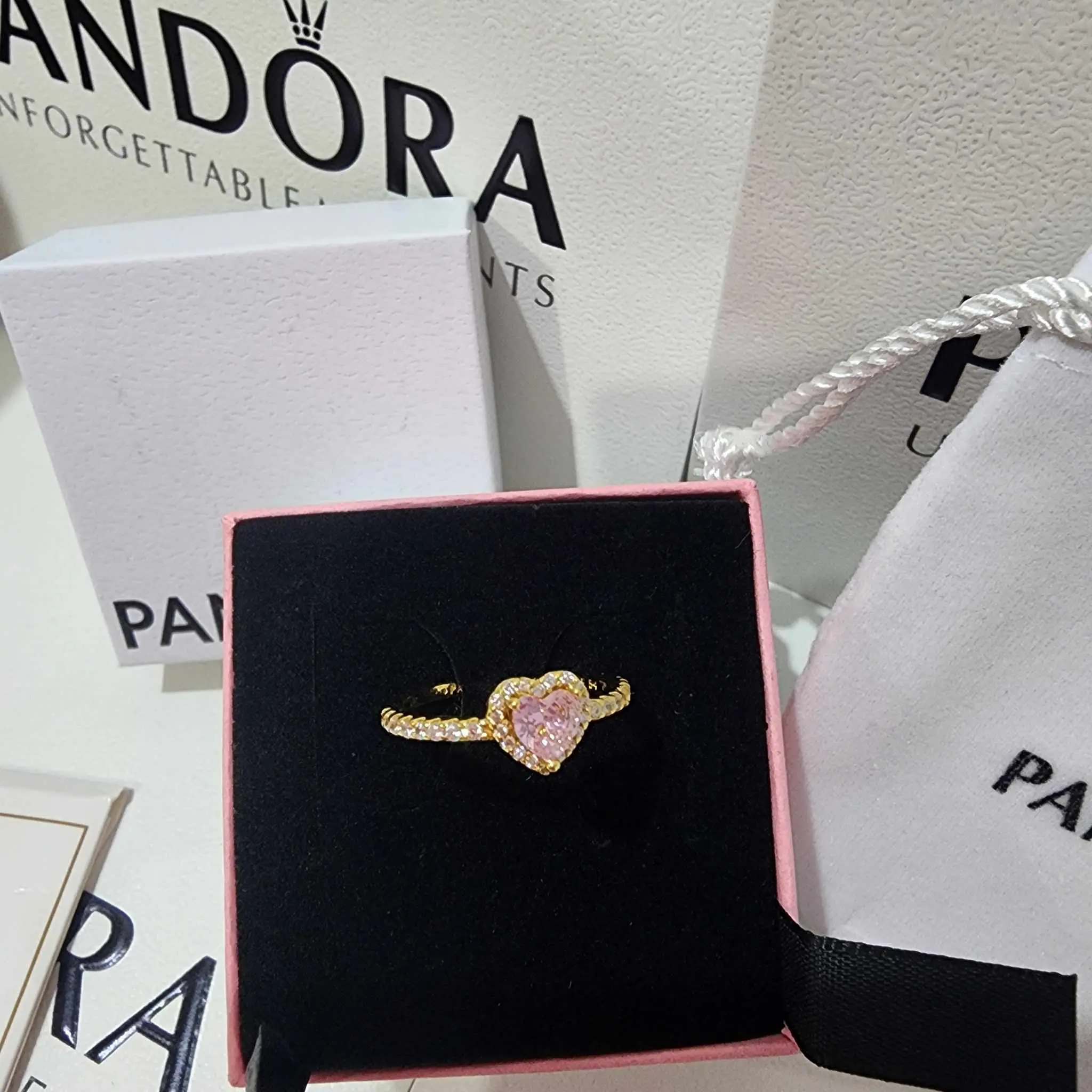 ANILLO PANDORA PROMESA CORAZON ELEVADO ROSA DORADO ORO + KIT DE REGALO - Image 2