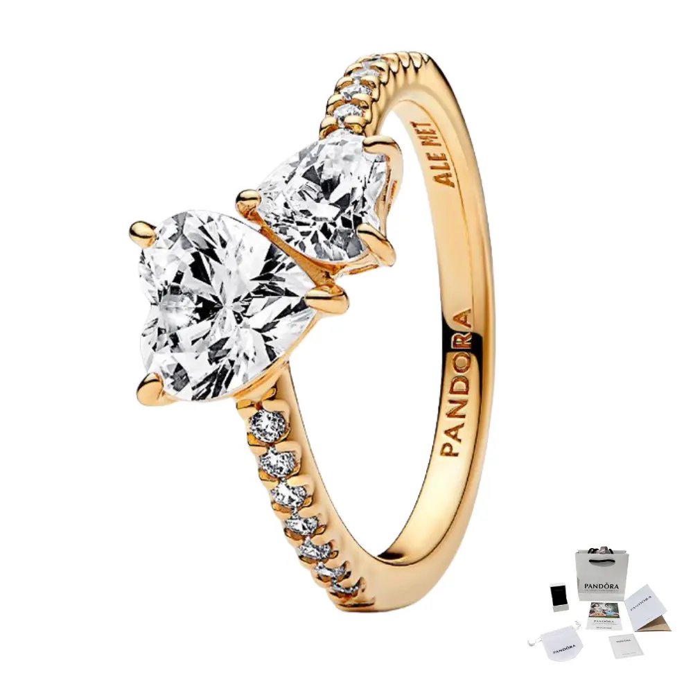ANILLO PROMESA PANDORA DORADO DOBLE CORAZON PLATA .925