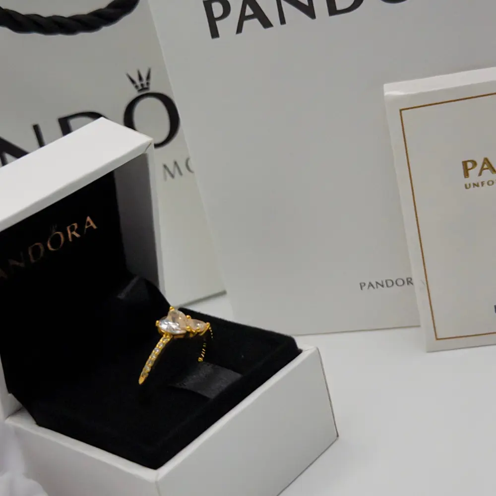 ANILLO PROMESA PANDORA DORADO DOBLE CORAZON PLATA .925 - Image 2