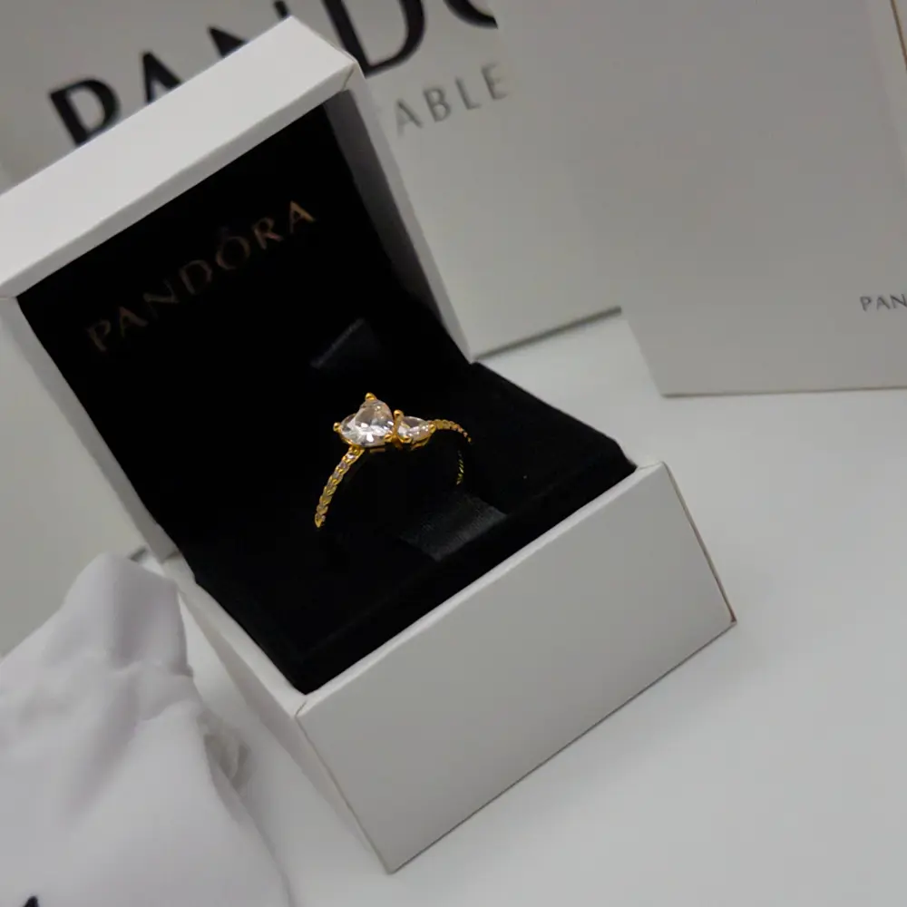 ANILLO PROMESA PANDORA DORADO DOBLE CORAZON PLATA .925 - Image 3