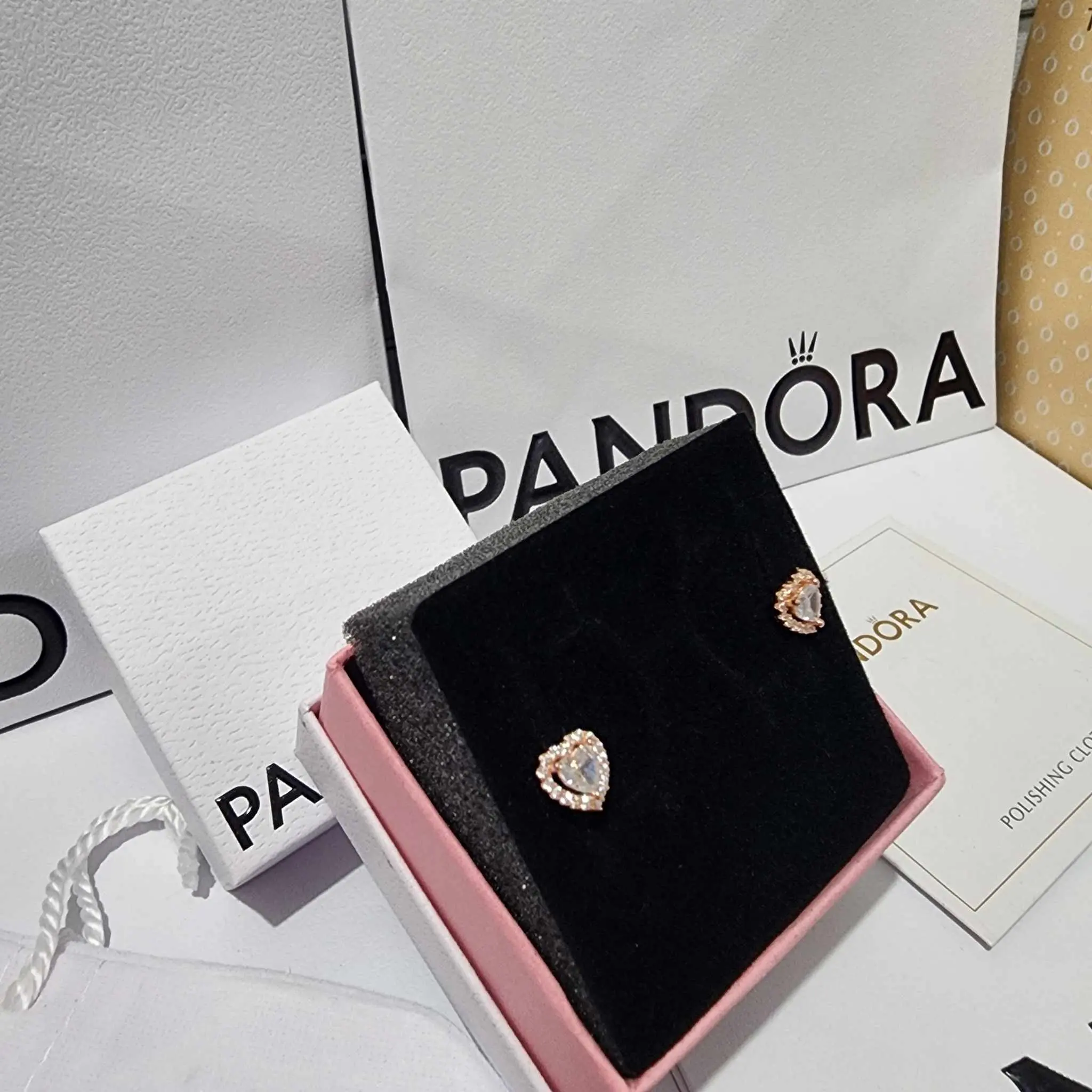 ARETES PENDIENTES PANDORA CORAZON ELEVADO BLANCO ORO ROSA + KIT DE REGALO - Image 5
