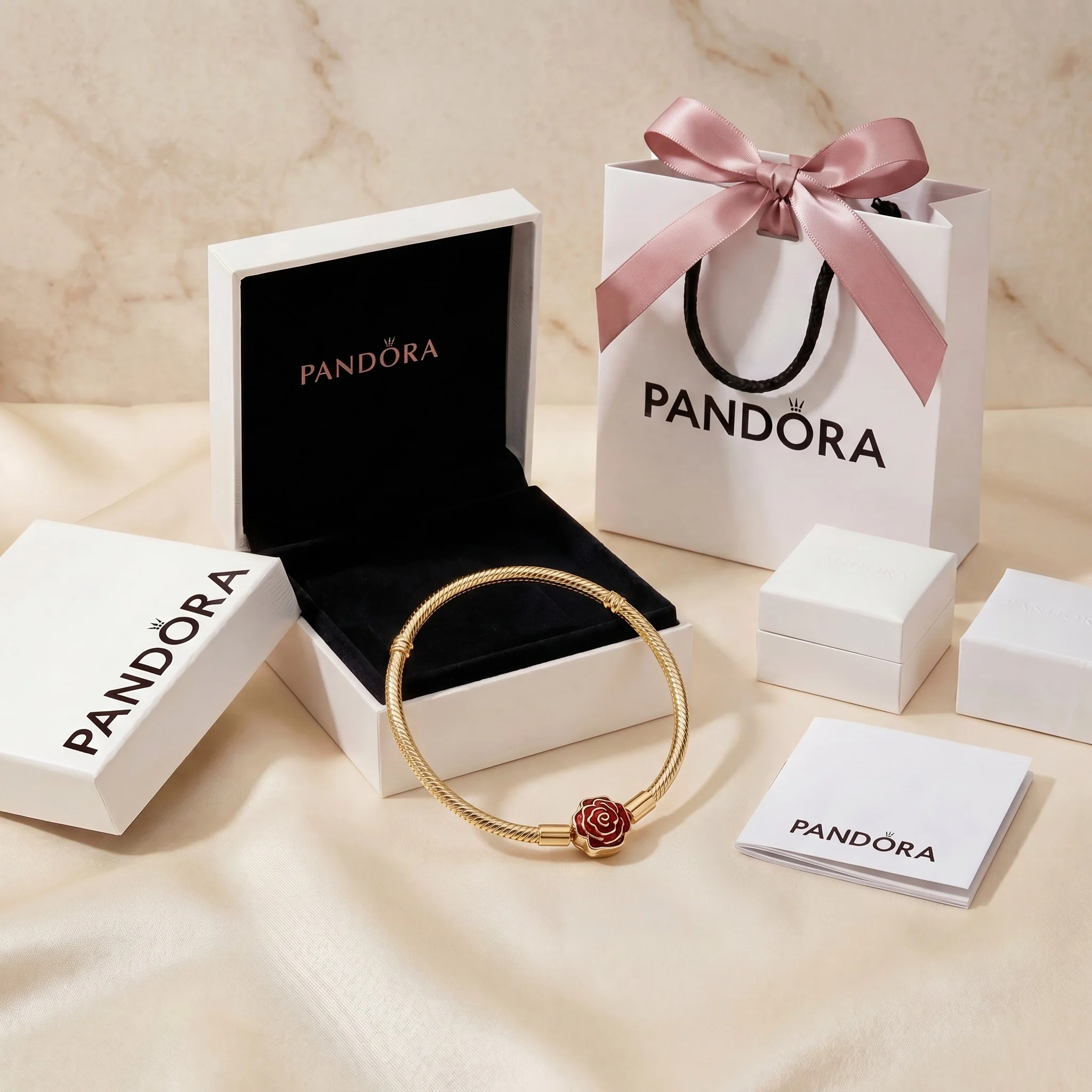 BRAZALETE PULSERA PANDORA ROSA ROJA DISNEY BELLA Y BESTIA ORO DORADO 14K - Image 2