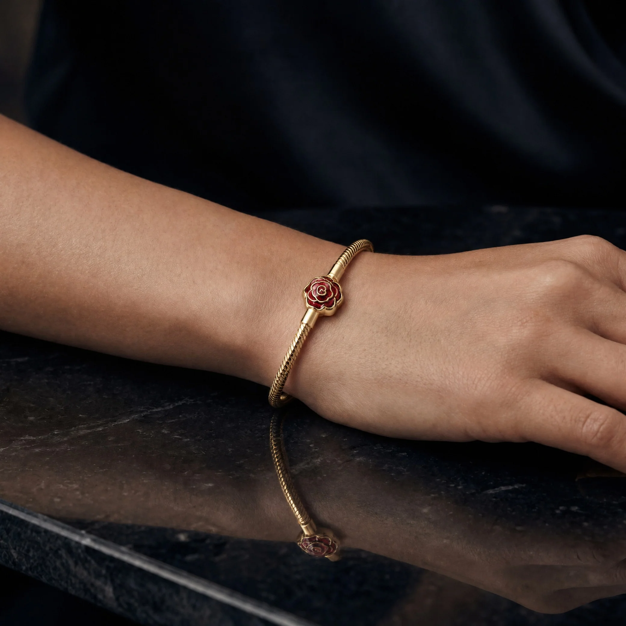 BRAZALETE PULSERA PANDORA ROSA ROJA DISNEY BELLA Y BESTIA ORO DORADO 14K - Image 3