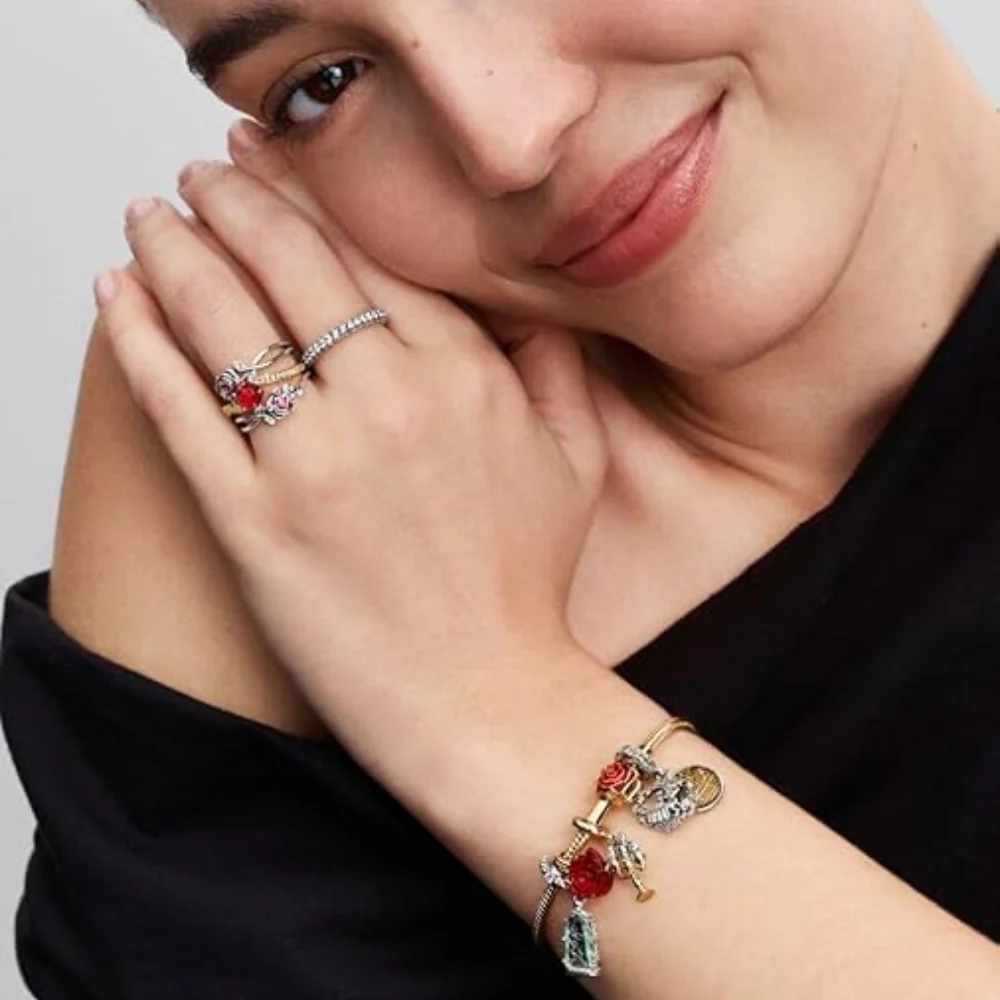 BRAZALETE PULSERA PANDORA ROSA ROJA DISNEY BELLA Y BESTIA ORO DORADO 14K - Image 4