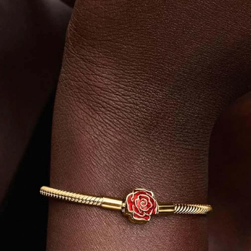 BRAZALETE PULSERA PANDORA ROSA ROJA DISNEY BELLA Y BESTIA ORO DORADO 14K - Image 5