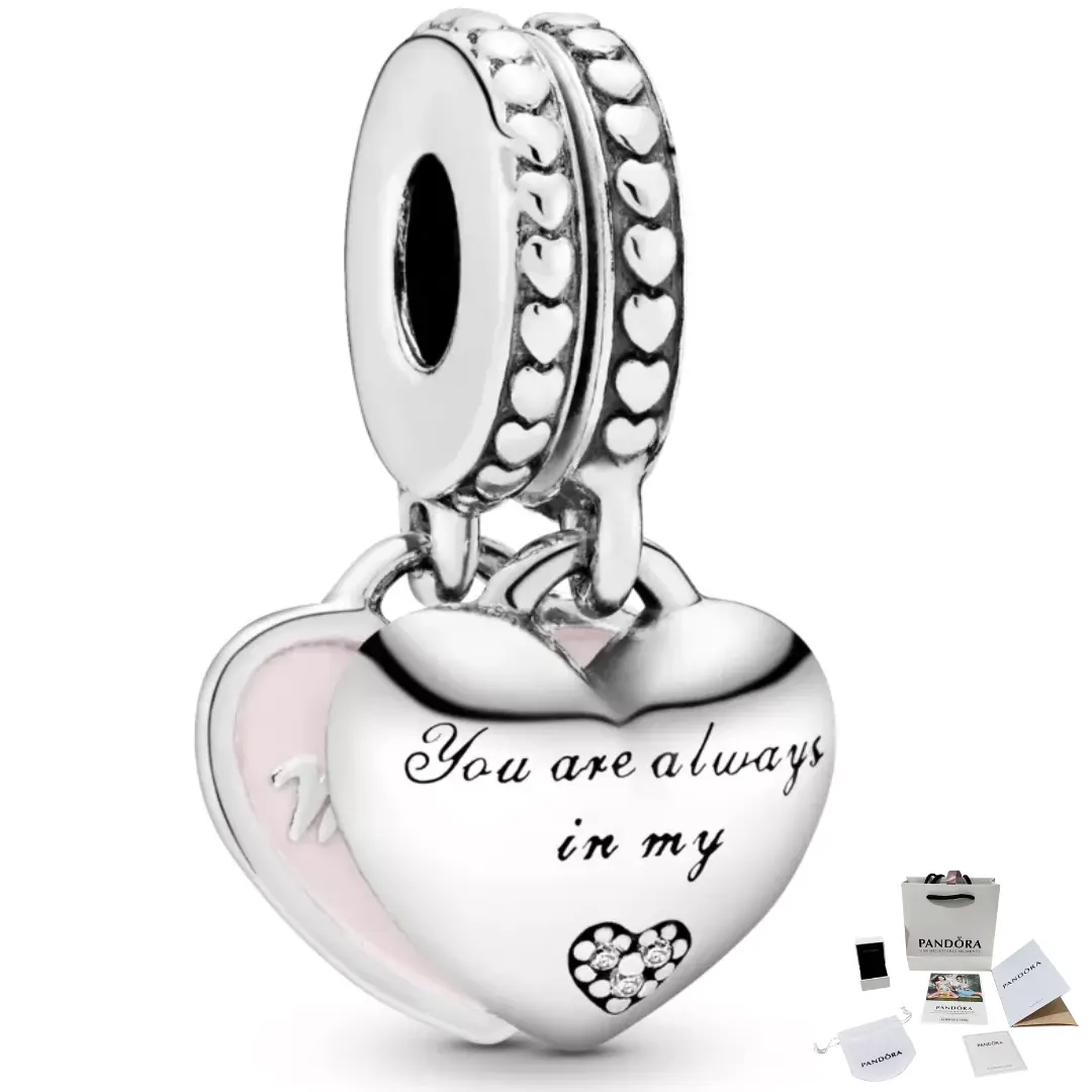 CHARM COLGANTE CORAZON MADRE E HIJA COLOR ROSA PLATA