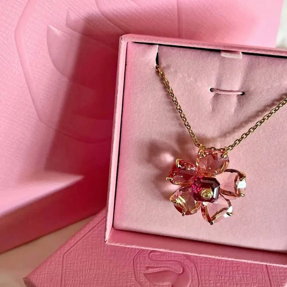COLLAR COLGANTE SWAROVSKI FLORERE FLOR ROSA ORO CRISTALES + KIT DE REGALO - Image 2