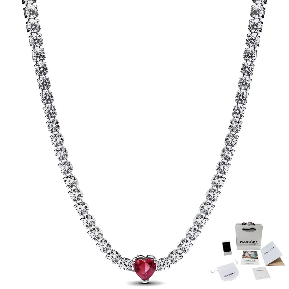 COLLAR CORAZON ROJO AMOR PANDORA PLATA 925 + KIT DE REGALO