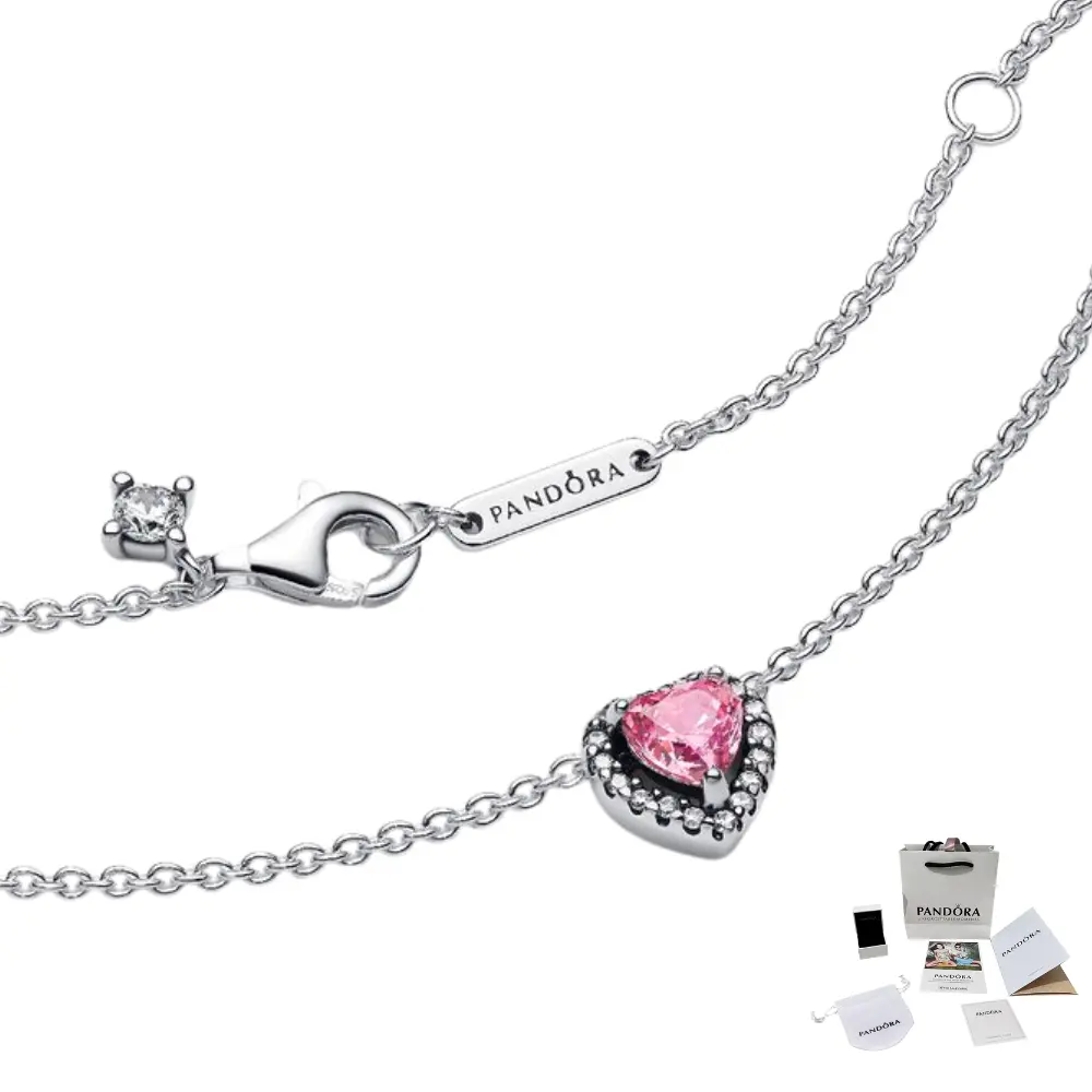 COLLAR PANDORA CORAZON ELEVADO ROSA PLATA .925 + KIT DE REGALO