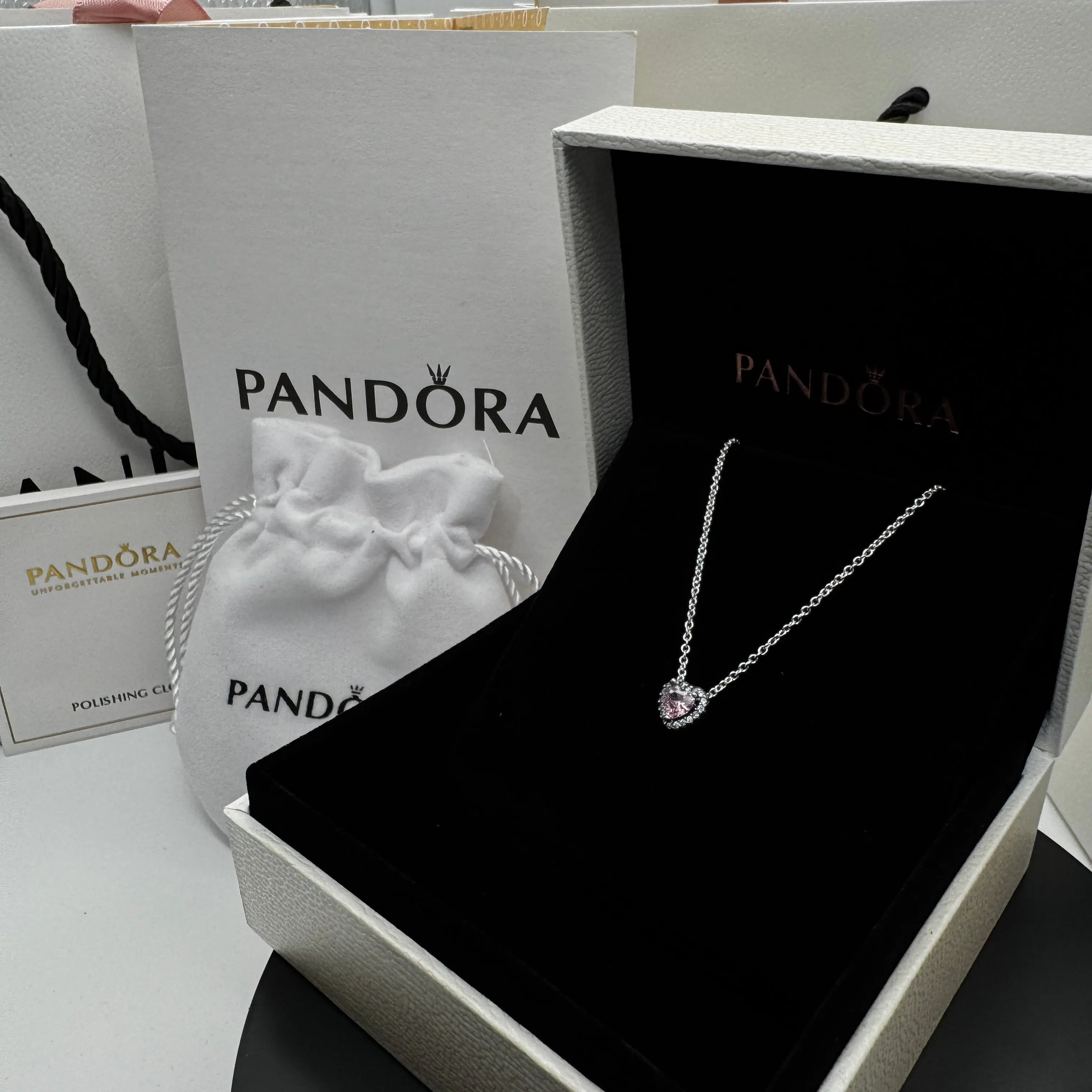 COLLAR PANDORA CORAZON ELEVADO ROSA PLATA .925 + KIT DE REGALO - Image 4