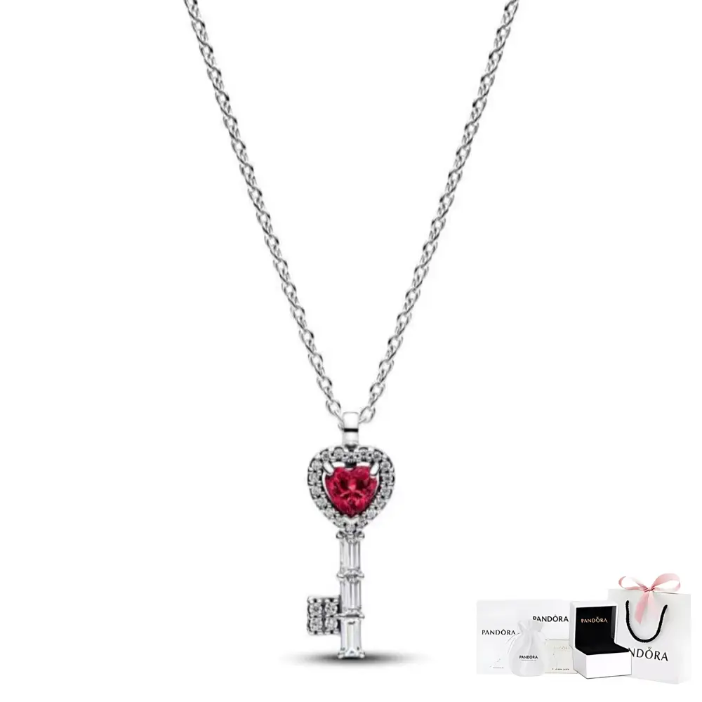 COLLAR PANDORA DIJE LLAVE CORAZON ROJO DANNA PAOLA PLATA .925