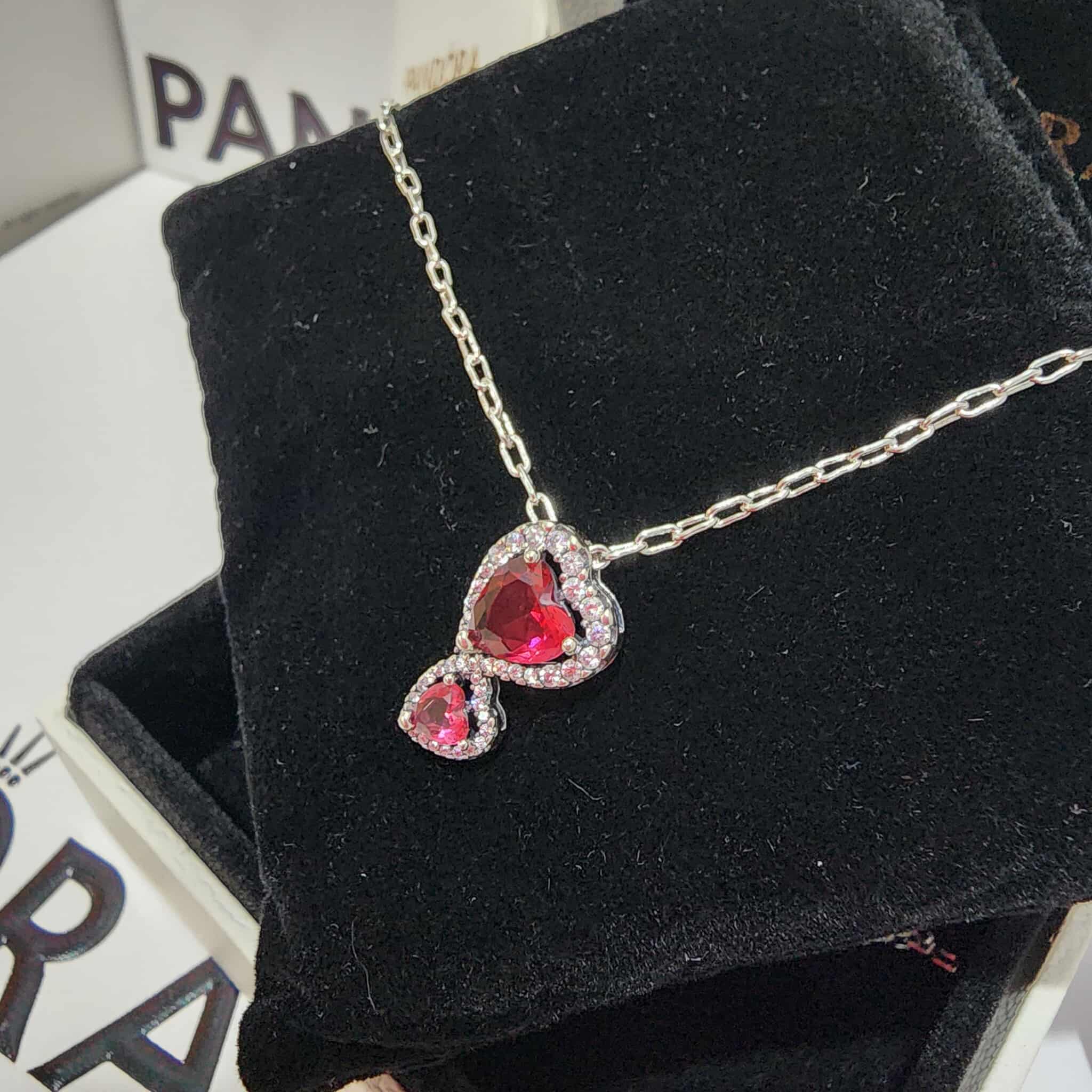 COLLAR PANDORA DOBLE CORAZON ROJO HALO PLATA 925 + KIT DE REGALO - Image 2