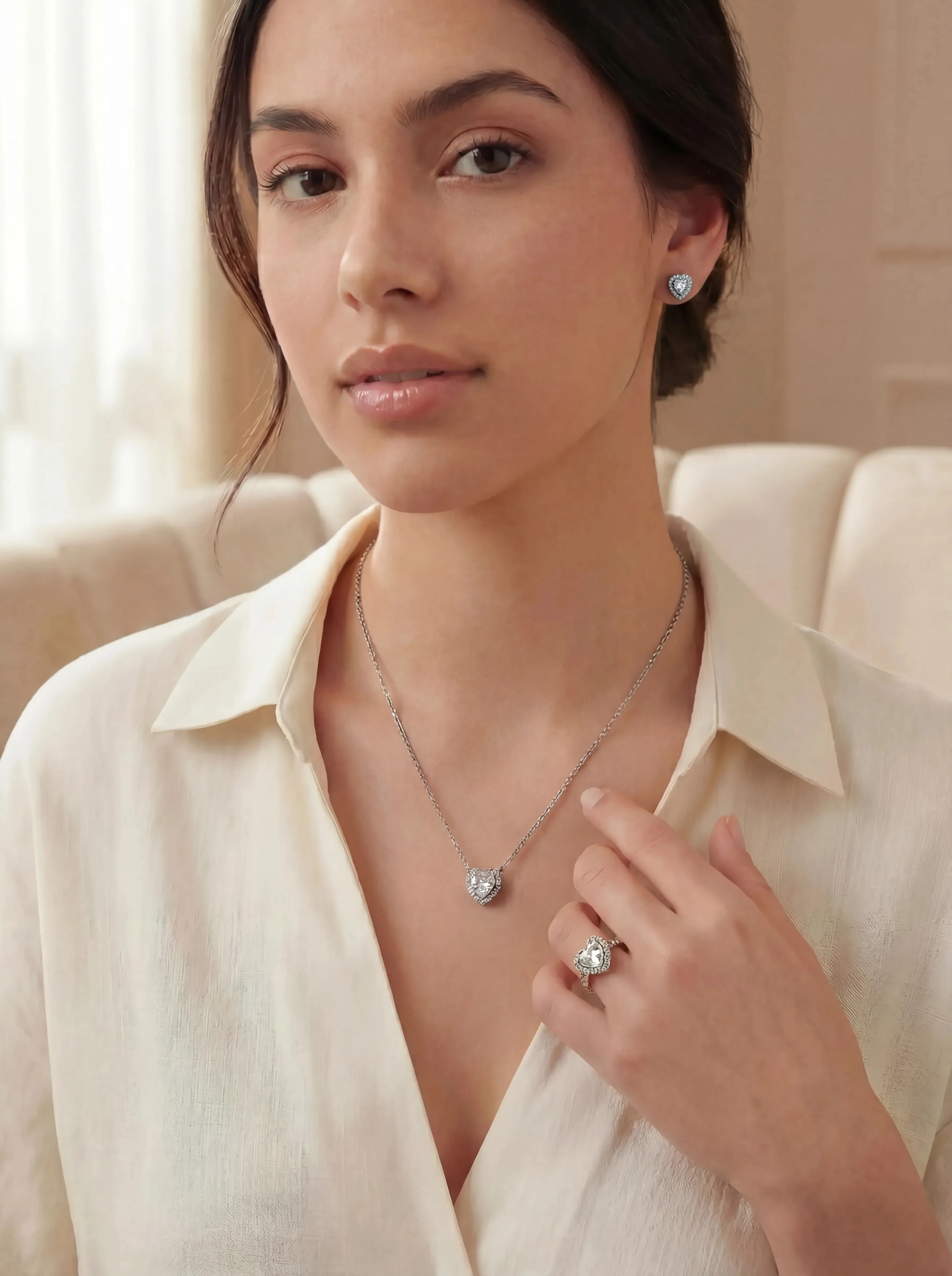SET CONJUNTO CORAZON ELEVADO PLATEADO ANILLO + COLLAR + ARETES PANDORA - Image 3