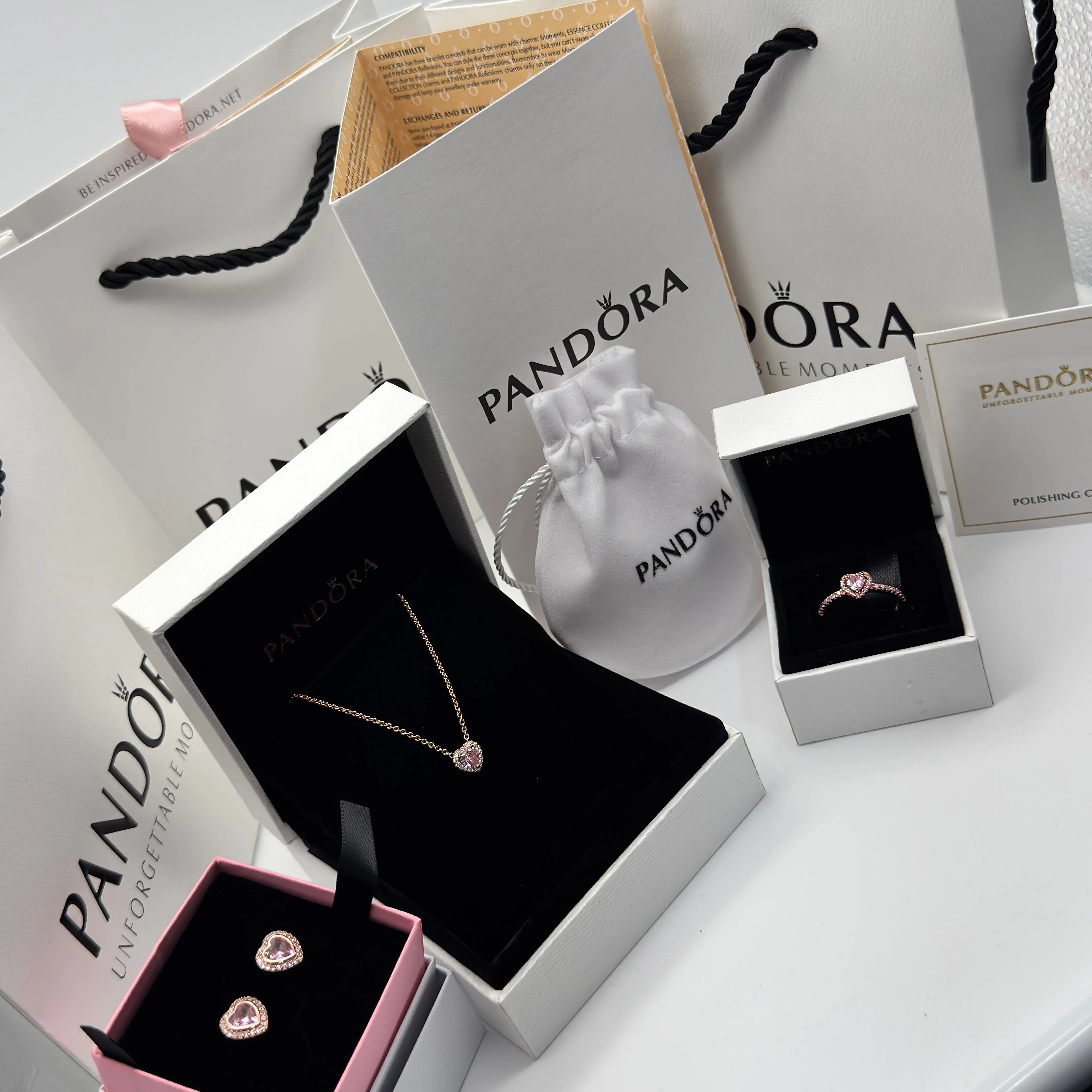 SET CONJUNTO PANDORA ANILLO + ARETES + COLLAR CORAZON ELEVADO ROSA ROSE GOLD - Image 3