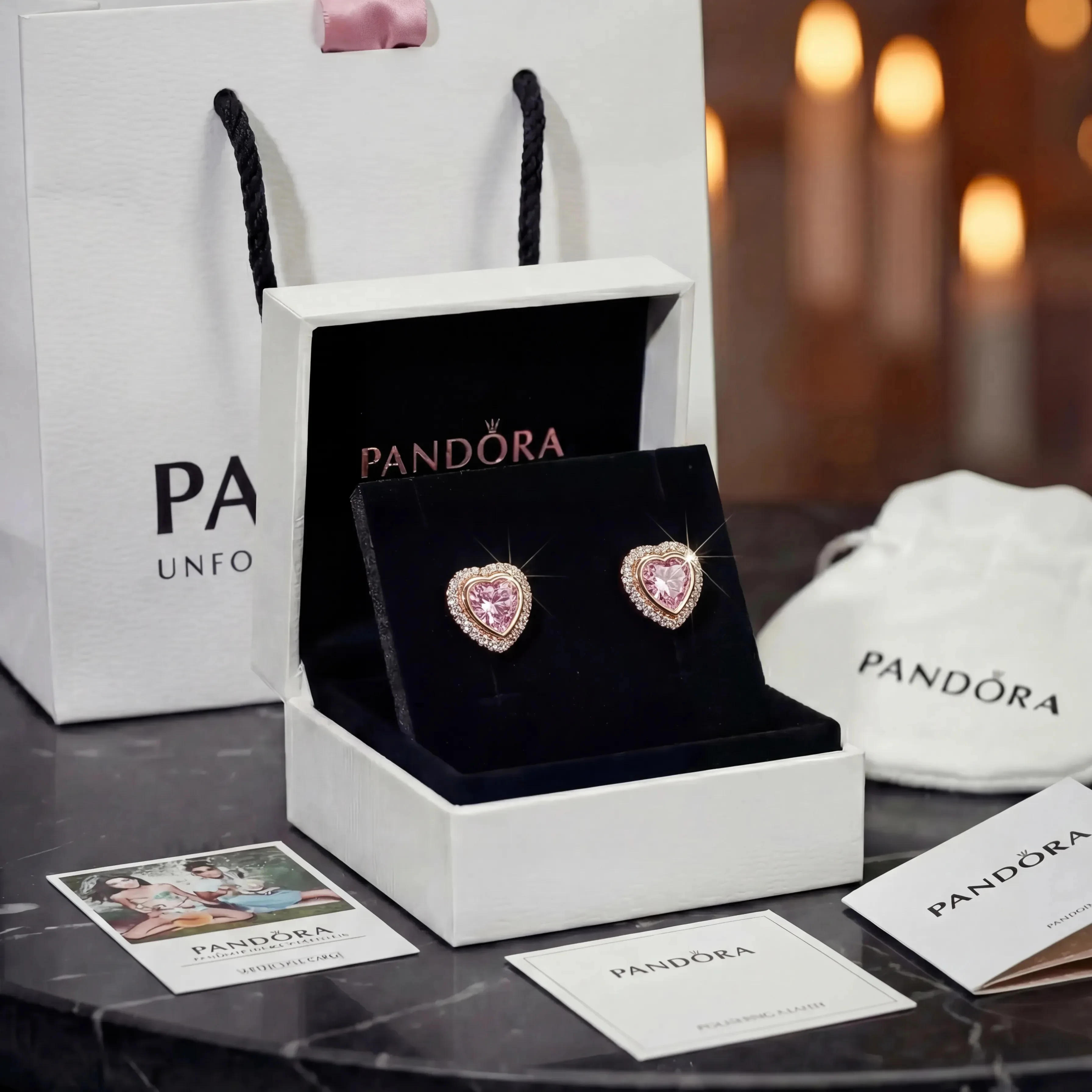 ARETES PENDIENTES PANDORA CORAZON ELEVADO ORO ROSA + KIT DE REGALO - Image 3