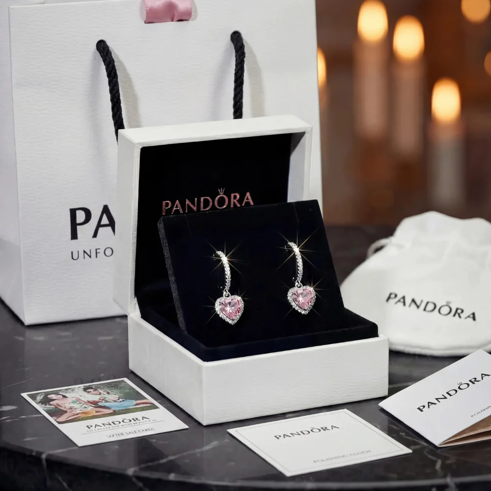 ARETES PENDIENTES DE ARO CORAZÓN ROSA PANDORA + KIT DE REGALO - Image 3