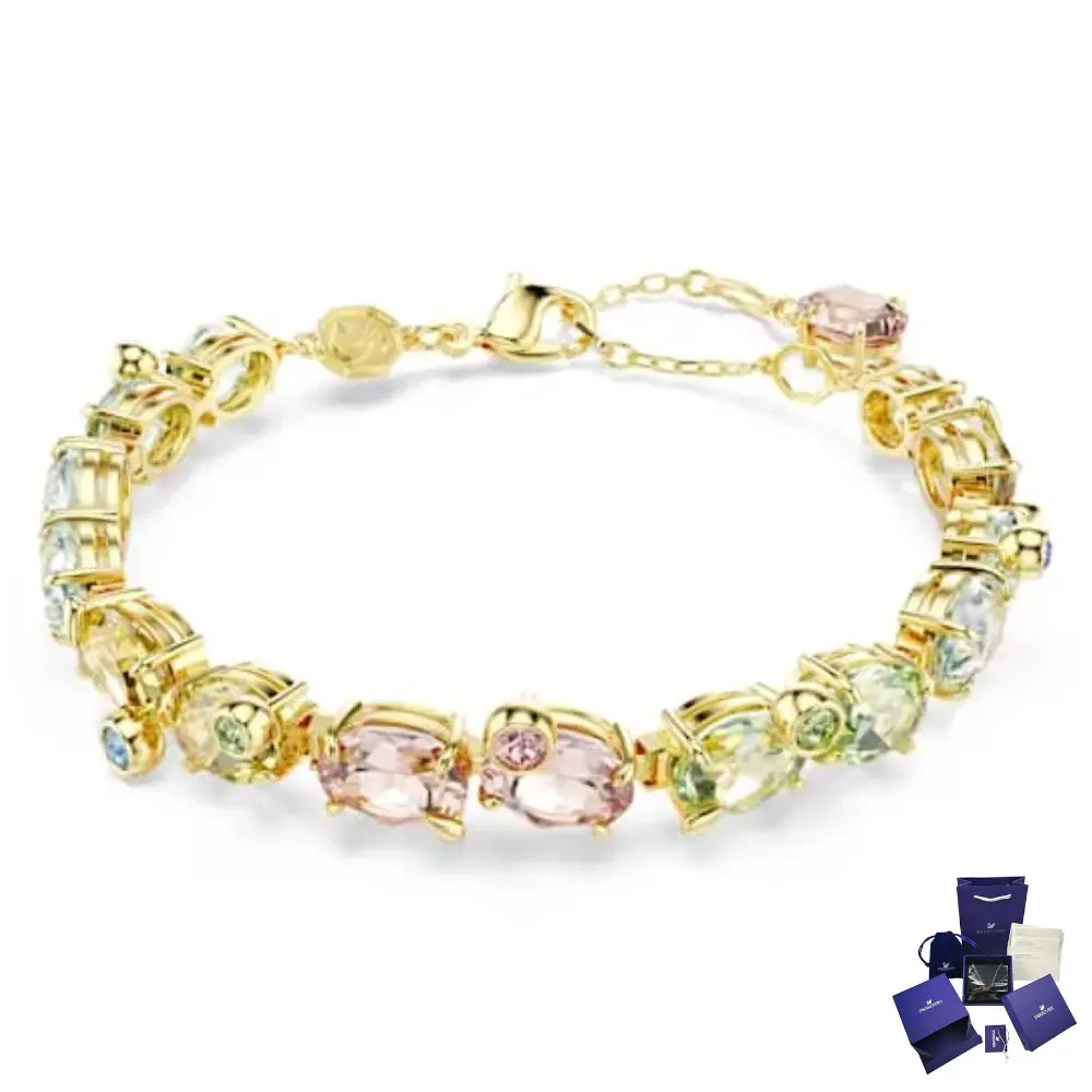 PULSERA BRAZALETE SWAROVSKI TENIS GEMA MULTI COLOR DORADO ORO 14K