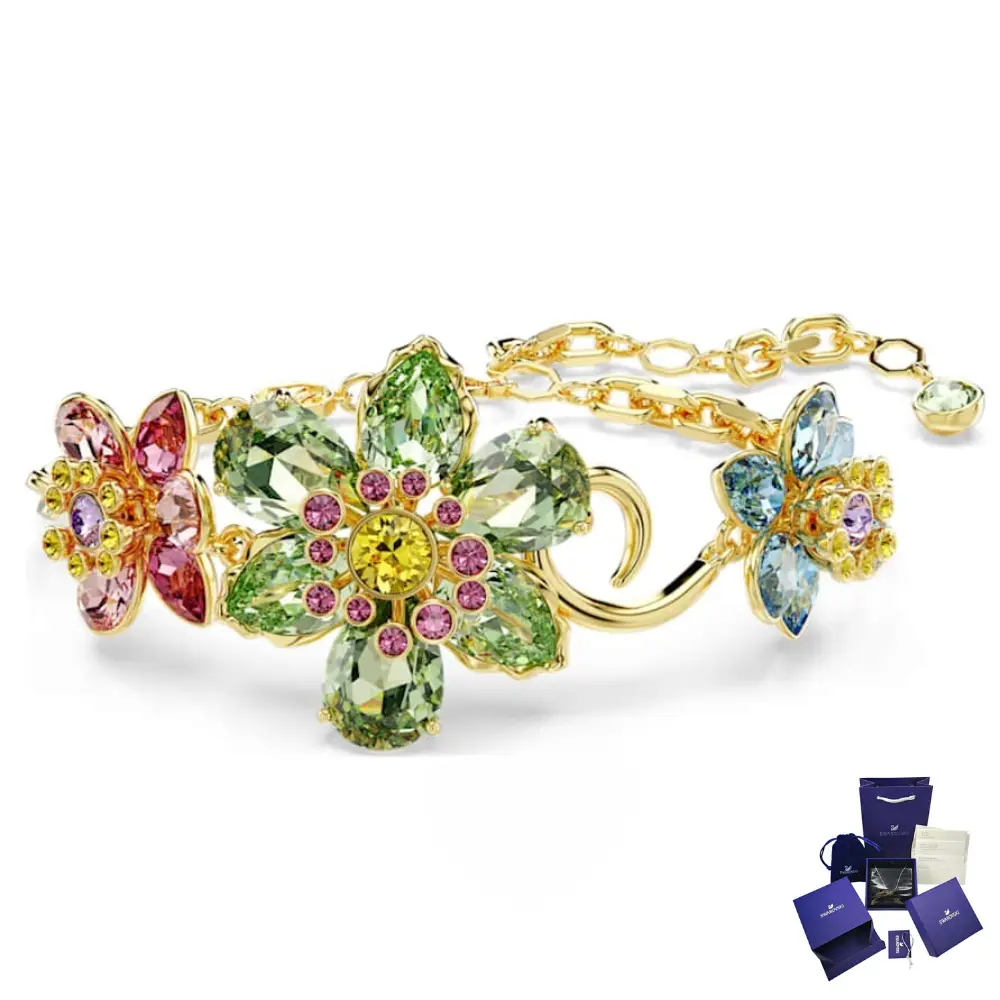 PULSERA BRAZALETE SWAROVSKI IDYLLIA CRISTALES FLOR MULTI COLOR DORADO + KIT DE REGALO
