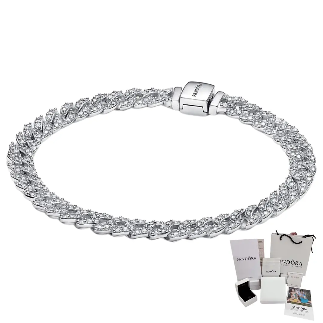 PULSERA PANDORA TENIS TIMELESS PAVE CUBANA BRILLANTE PLATA .925 + KIT DE REGALO