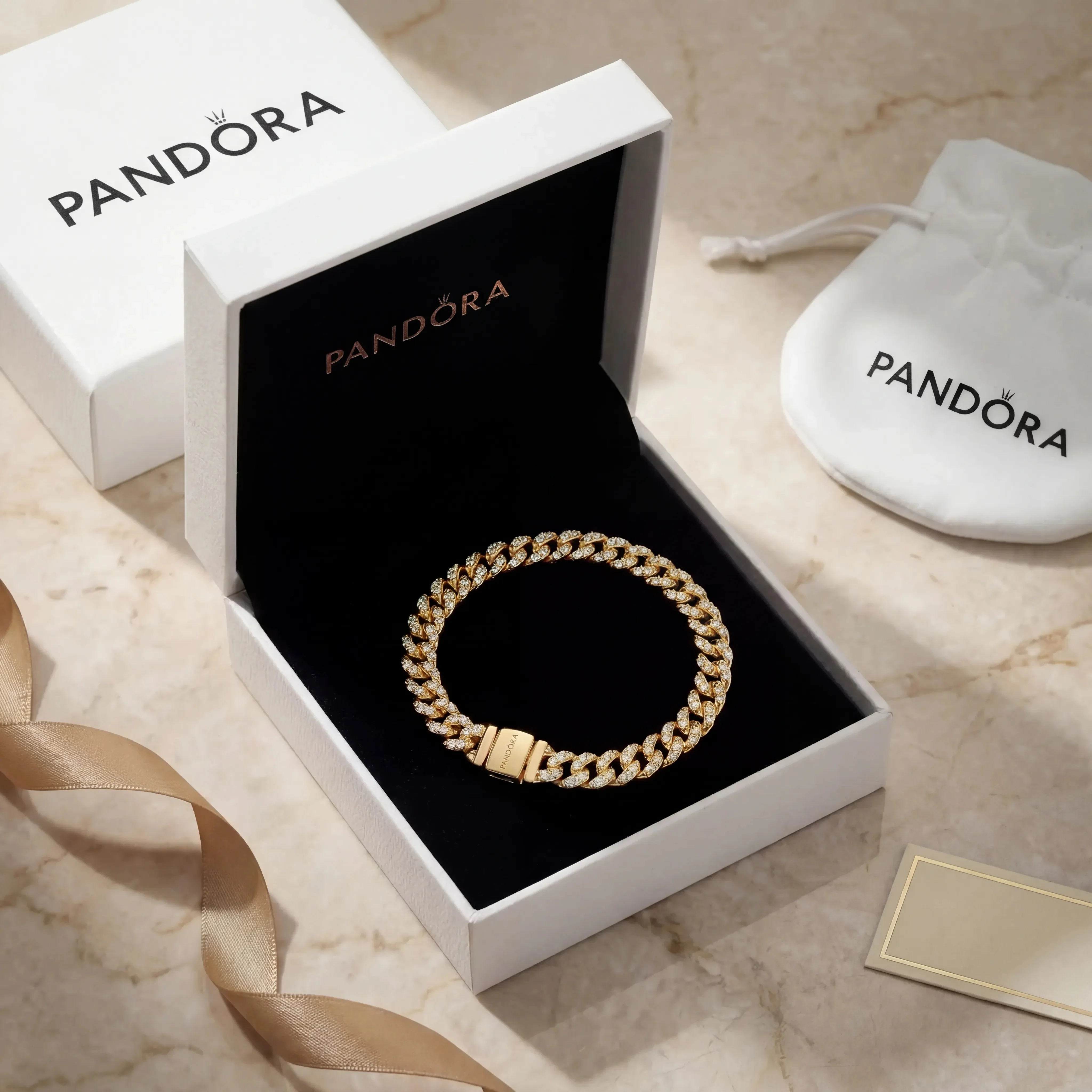 PULSERA PANDORA TENIS TIMELESS PAVE BRILLANTE CUBANA ORO 14K + KIT DE REGALO - Image 2
