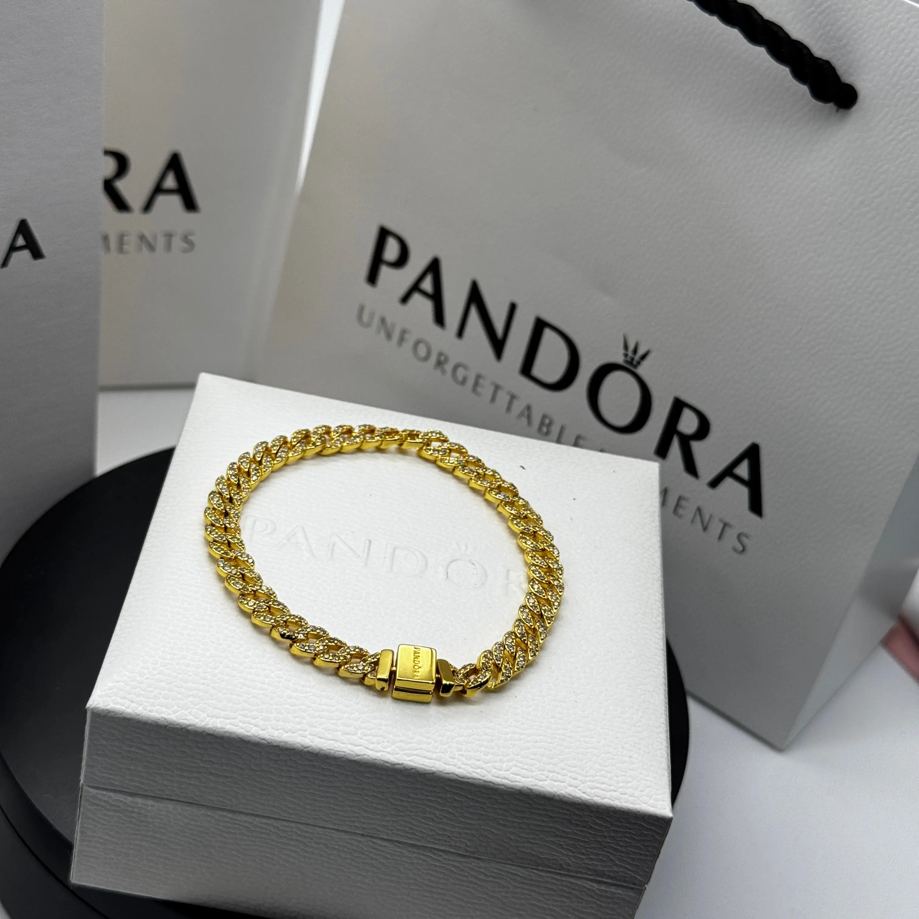 PULSERA PANDORA TENIS TIMELESS PAVE BRILLANTE CUBANA ORO 14K + KIT DE REGALO - Image 3