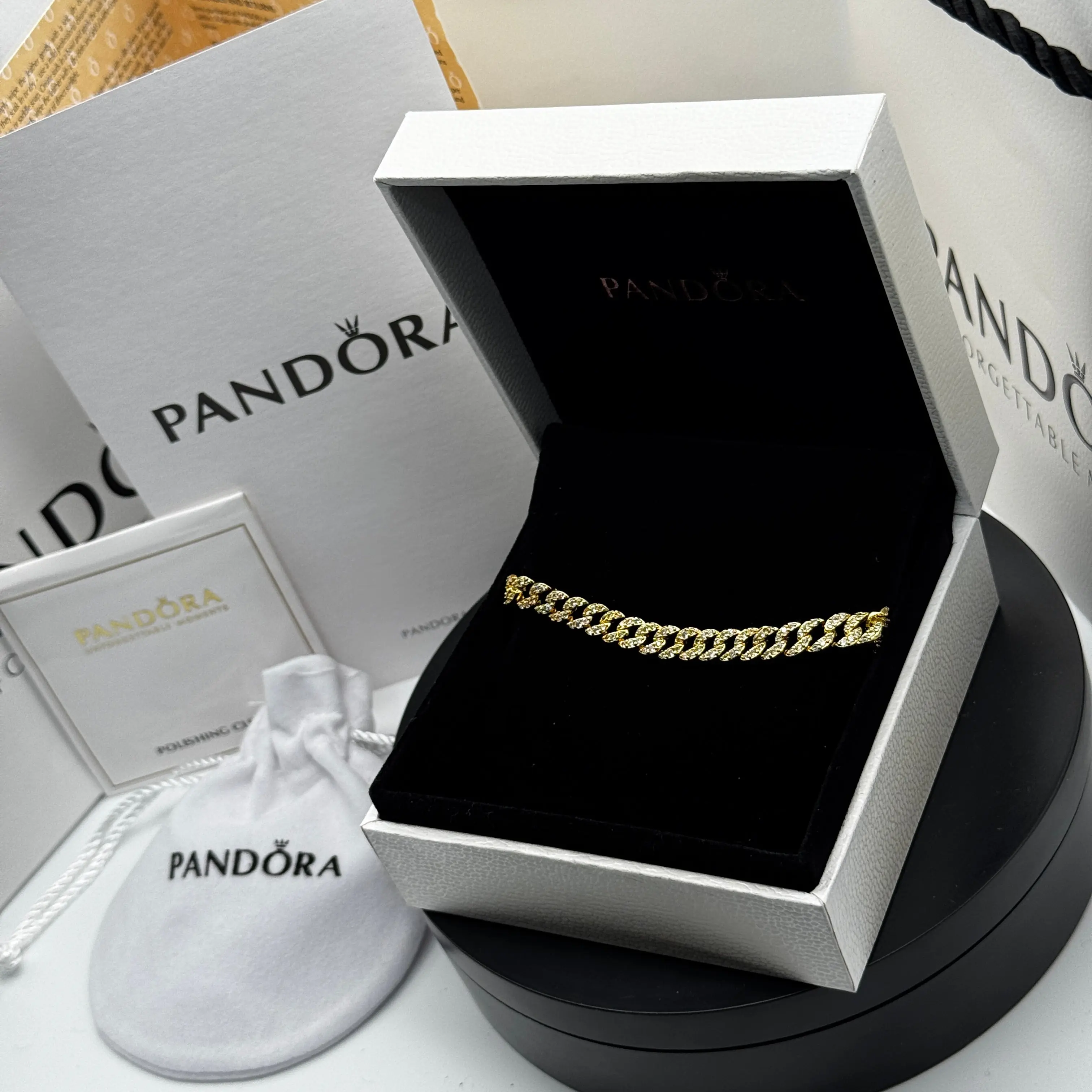 PULSERA PANDORA TENIS TIMELESS PAVE BRILLANTE CUBANA ORO 14K + KIT DE REGALO - Image 5