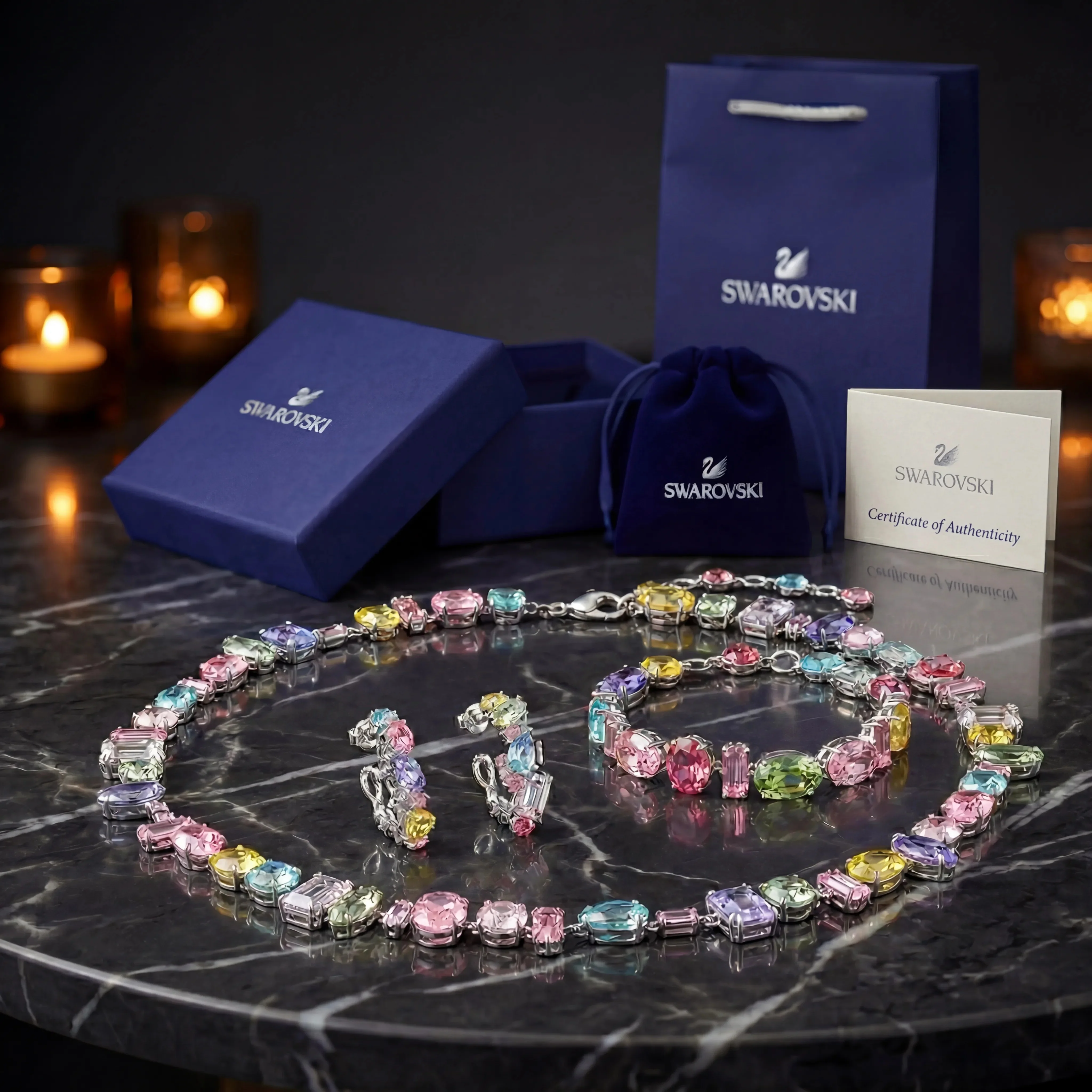 SET CONJUNTO COLLAR + PULSERA + ARETES SWAROVSKI MULTICOLOR GEMA PIEDRAS CRISTALES - Image 2