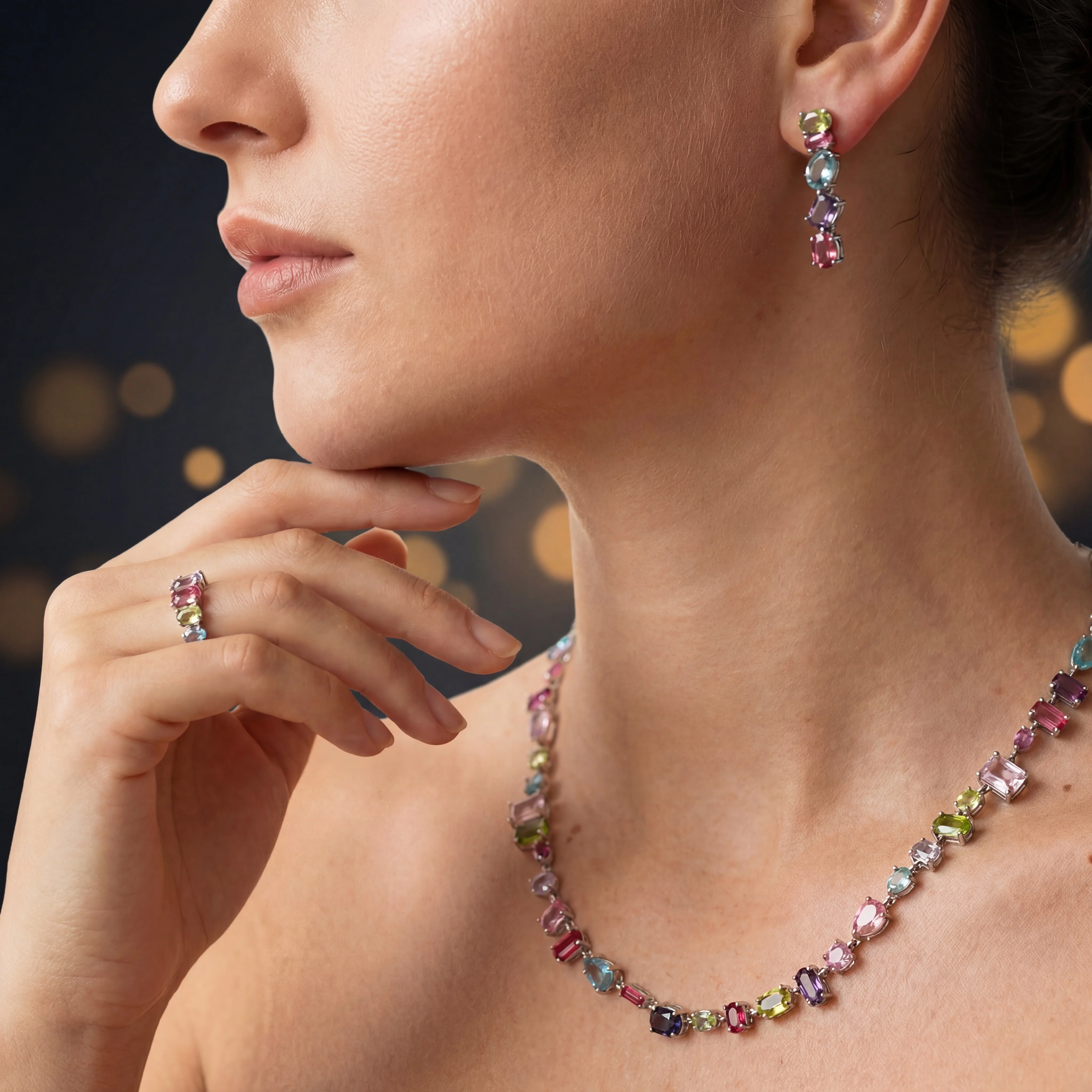 SET CONJUNTO COLLAR + PULSERA + ARETES SWAROVSKI MULTICOLOR GEMA PIEDRAS CRISTALES - Image 5