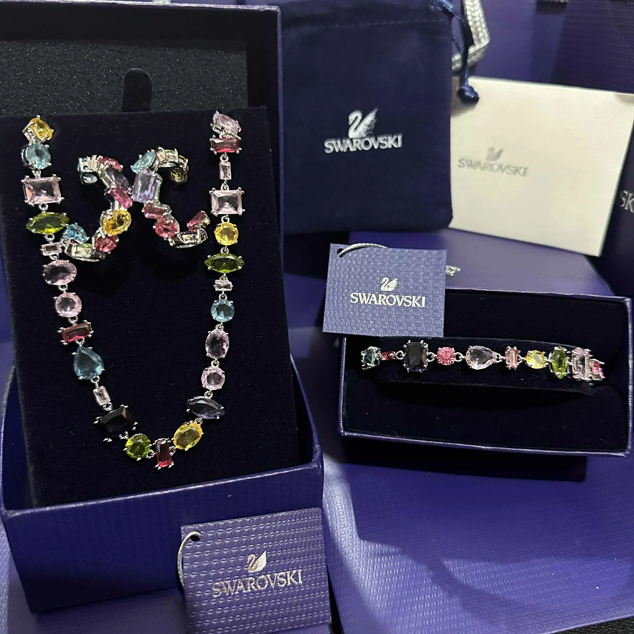 SET CONJUNTO COLLAR + PULSERA + ARETES SWAROVSKI MULTICOLOR GEMA PIEDRAS CRISTALES - Image 6