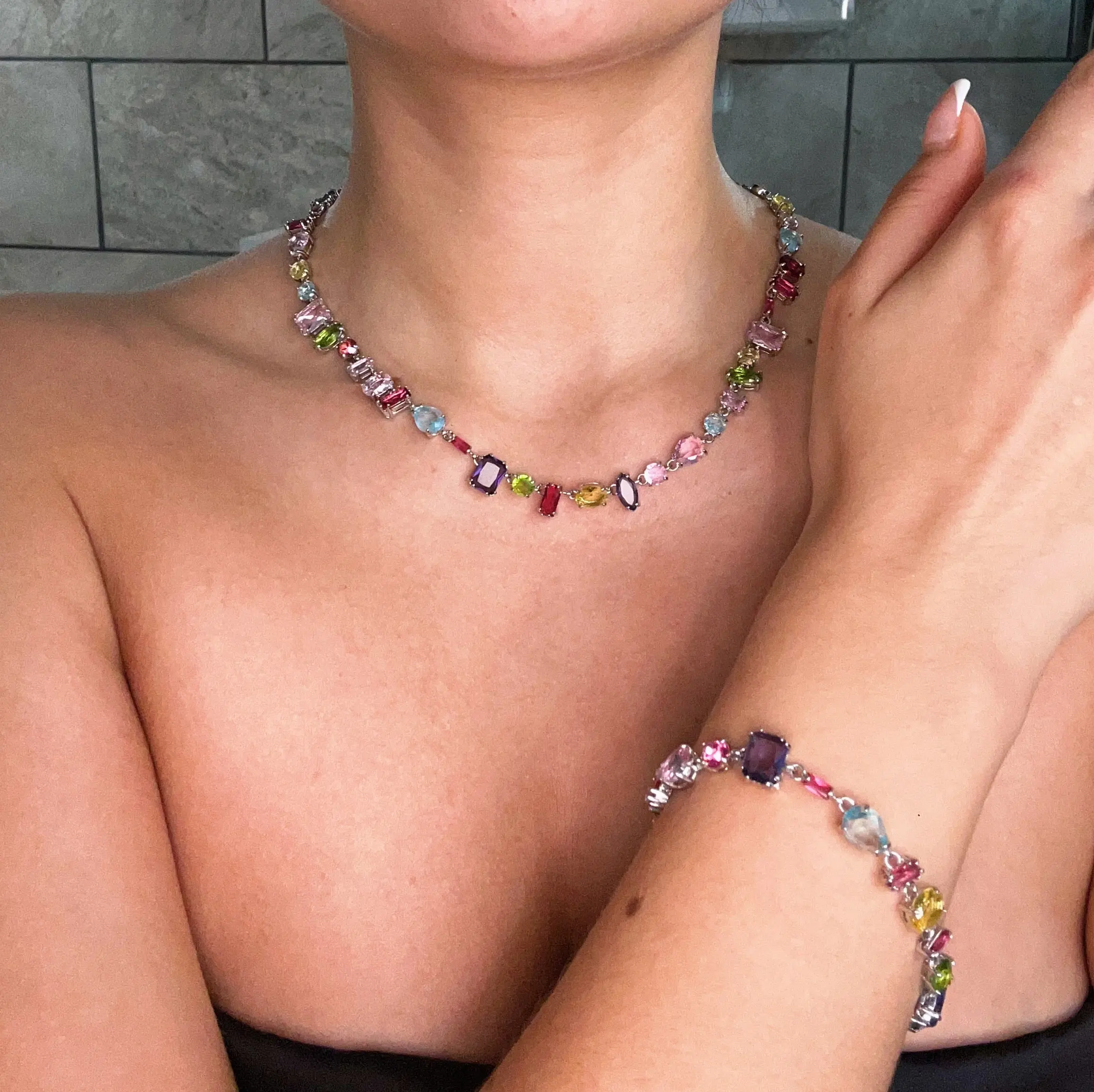 SET CONJUNTO COLLAR + PULSERA + ARETES SWAROVSKI MULTICOLOR GEMA PIEDRAS CRISTALES - Image 7