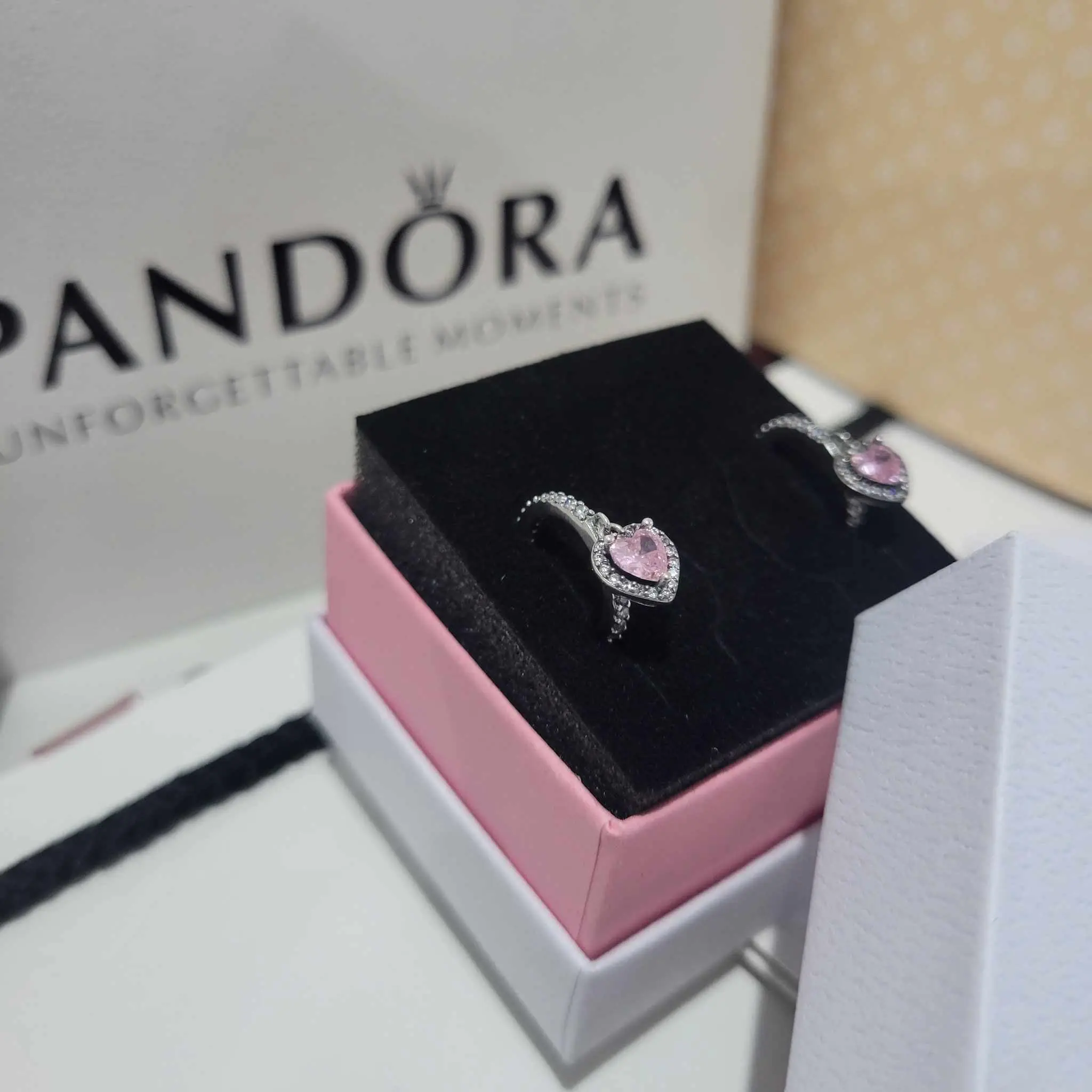 SET CONJUNTO PANDORA CORAZON ROSA PLATA .925 ANILLO + COLLAR + ARETES + KIT DE REGALO - Image 6