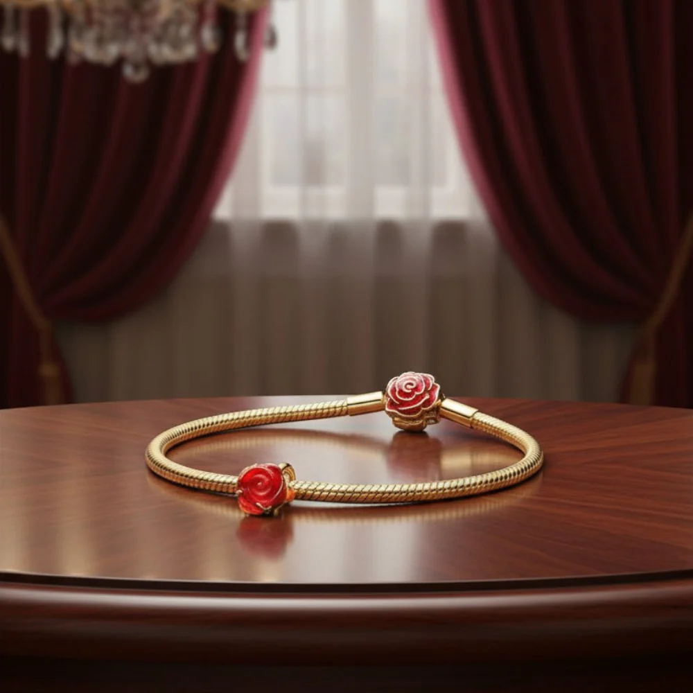 SET PULSERA PANDORA ROSA ROJA BELLA Y BESTIA + CHARM ROSA ROJA DISNEY ORO 14K - Image 2