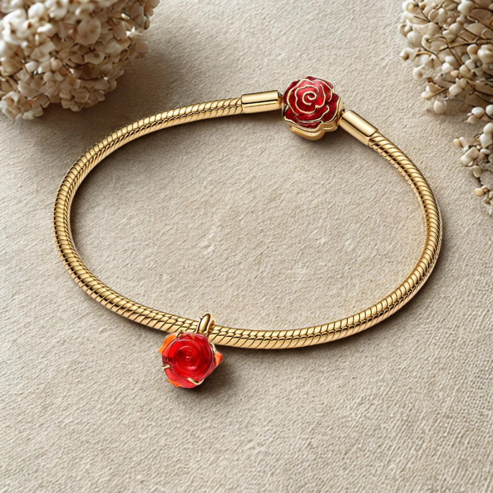 SET PULSERA PANDORA ROSA ROJA BELLA Y BESTIA + CHARM ROSA ROJA DISNEY ORO 14K - Image 3